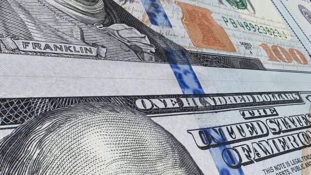 American 100 dollar banknote moving down. Business and Finance concepts. Seamless loopable animation.