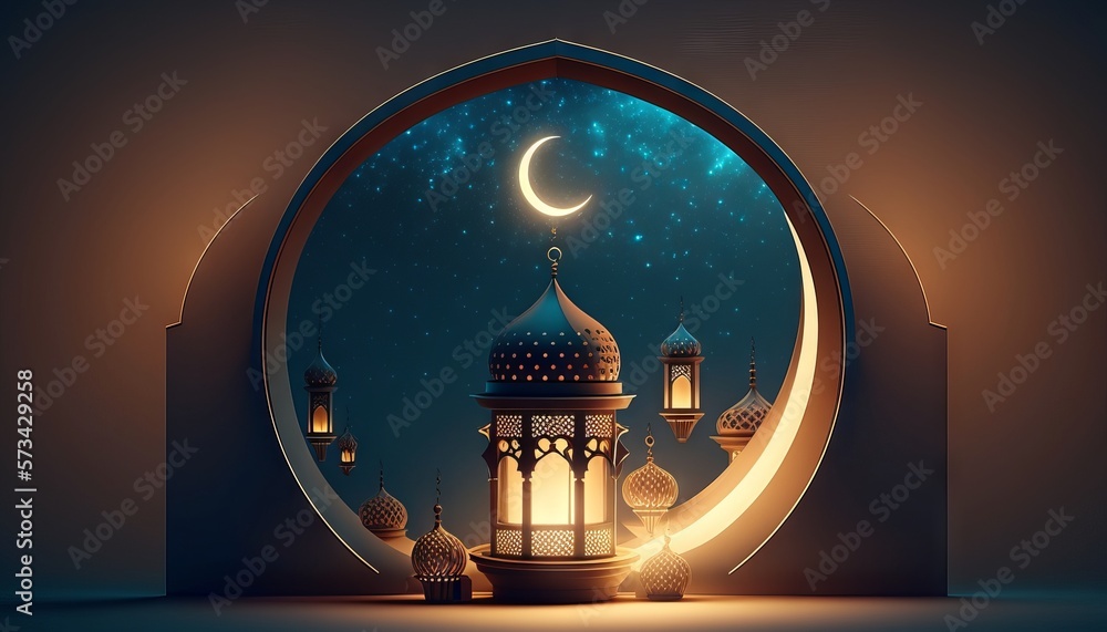 Poster ramadan kareem background with mosque and crescent moon. generative ai