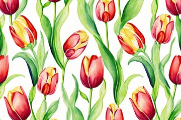 Obraz premium Generative AI. Flower pattern with tulips, pastel watercolor Illustration