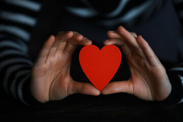 Fototapeta premium Hands of a woman holding and offering a heart shape. Love, health concept. Selective focus.Cinematic effect.