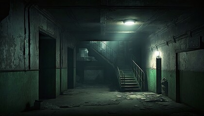 Dark abandoned corridor with glowing light. Generative AI