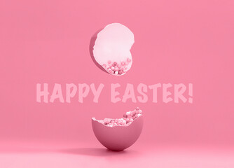 Broken decorative easter egg with colorful confetti. Minimal composition, monochromatic color pastel pink background. Sign happy easter.