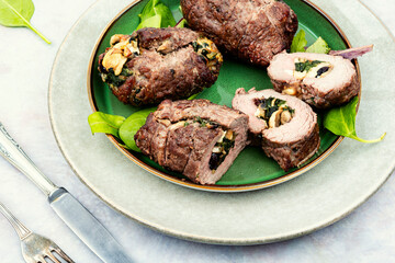 Beef rolls with mushrooms and spinach.