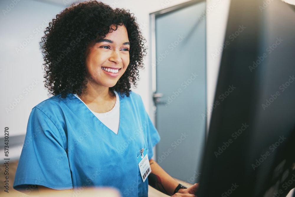 Poster Computer, nurse and black woman typing research for healthcare reports or telehealth. Medical, health and happy female physician or doctor with desktop for writing or online consultation in hospital