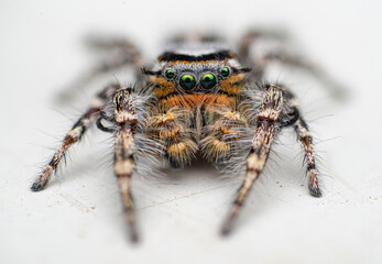 Jumping spider on white background. Spider of the genus phidippus.