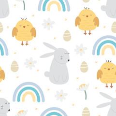 Seamless pattern with bunny, rainbow. Festive colorful vector for easter. hand drawing. design for fabric, wrapper, print