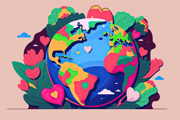Generative AI. Cartoon postcard for Earth Day. Illustrated earth in the shape of a ball.