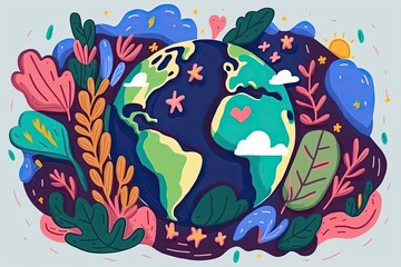 A bright cartoon postcard for Earth Day. Generative AI.Illustrated earth in the shape of a ball.