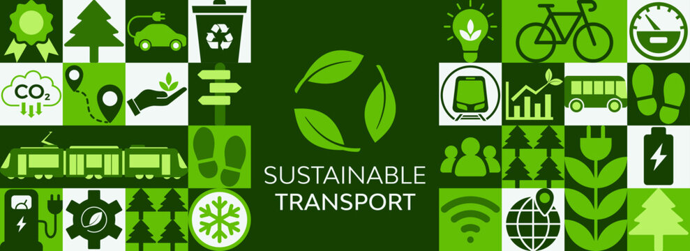 New mobility / sustainable transportation vector. E-mobility, urban, alternative or public transportation by rail, tram/bike, city infrastructure, commute, carbon emission reduction. Vector banner.