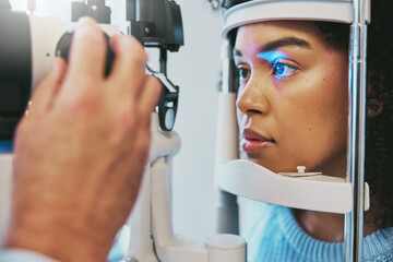 Fototapeta Ophthalmology, healthcare and eye exam with black woman and consulting for vision, medical and glaucoma check. Laser, light and innovation with face of patient and machine for scanning and optometry obraz