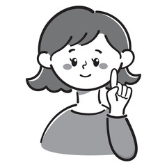 シンプルでかわいい女性アイコン　指さしポーズ　イラスト素材　白黒
