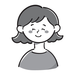 シンプルでかわいい女性アイコン　笑顔　イラスト素材　白黒