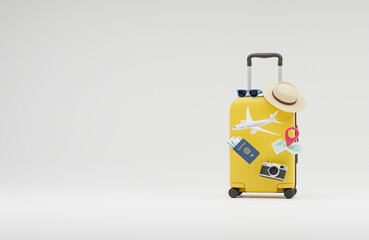 Traveler tourist accessories luggage suitcase sun glasses hat camera passport tickets vacation holidays trip plane map pin. travel concept. 3d rendering.