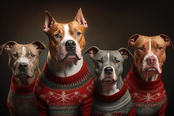 A family of dogs posing for a holiday photo all wearing the same holiday dog sweater. Generative AI.
