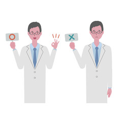 正解・不正解の看板を持つ白衣を着た男性（医者か研究員）のベクターイラスト