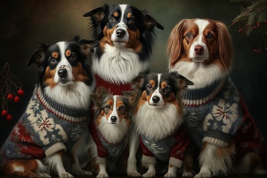 A family of dogs posing for a holiday photo all wearing the same holiday dog sweater. Generative AI.