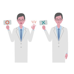 正解・不正解の看板を持つ白衣を着た男性（医者か研究員）のベクターイラスト