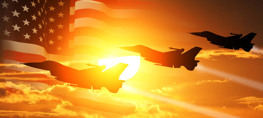 Group of aircraft fighter jet airplane. USA flag. Air force day. 3d illustration