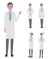 （ご案内・お辞儀・納得をする・疑問に思う）白衣を着た男性（医者か研究員）のイラストセット
