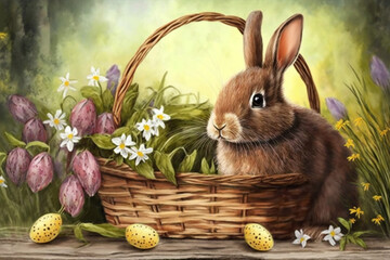 Easter bunny in the wooden basket with flowers next to colored eggs on the green grass background created with Generative AI technology