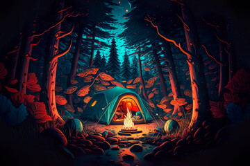 Night camping in the deep forest with a tent with a fire  Generative AI