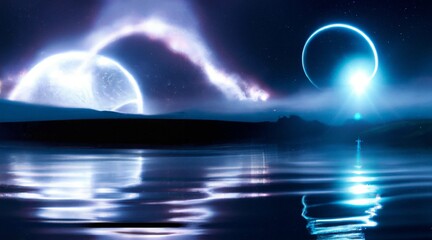 Futuristic fantasy landscape, sci-fi landscape with planet, neon light, cold planet. Galaxy, unknown planet. Dark natural scene with light reflection in water. Neon space galaxy portal. 3D