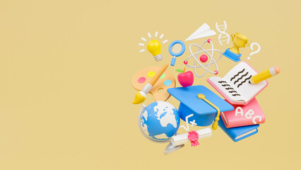 Education study learning back to school graduation hat pencil book lecture certification science art icon 3d rendering.