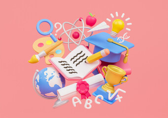 Education study learning back to school graduation hat pencil book lecture certification science art icon 3d rendering.