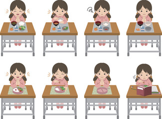 学校でご飯を食べる女児セット
