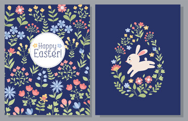Easter cards set. Big Easter egg with cute bunny and and pattern of colorful flowers. Vector illustration. Two modern vertical paschal posters in flat style on blue background.