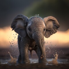 Fototapeta na wymiar One Delightful Wet Baby Elephant Violently Shakes Herself, Water Splashes. Generative AI.