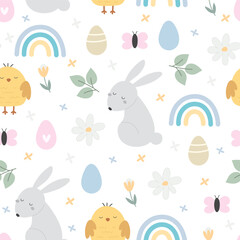  Seamless pattern with bunny, rainbow. Festive colorful vector for easter. hand drawing. design for fabric, wrapper, print