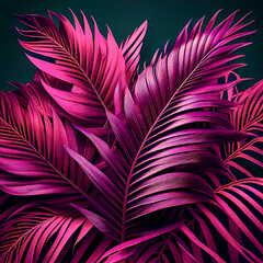 Obraz premium Summer party plant, neon vivid background, exotic fresh viva magenta palm leaves. Tropical exotic flat lay minimal background. Illustration. Generative AI.