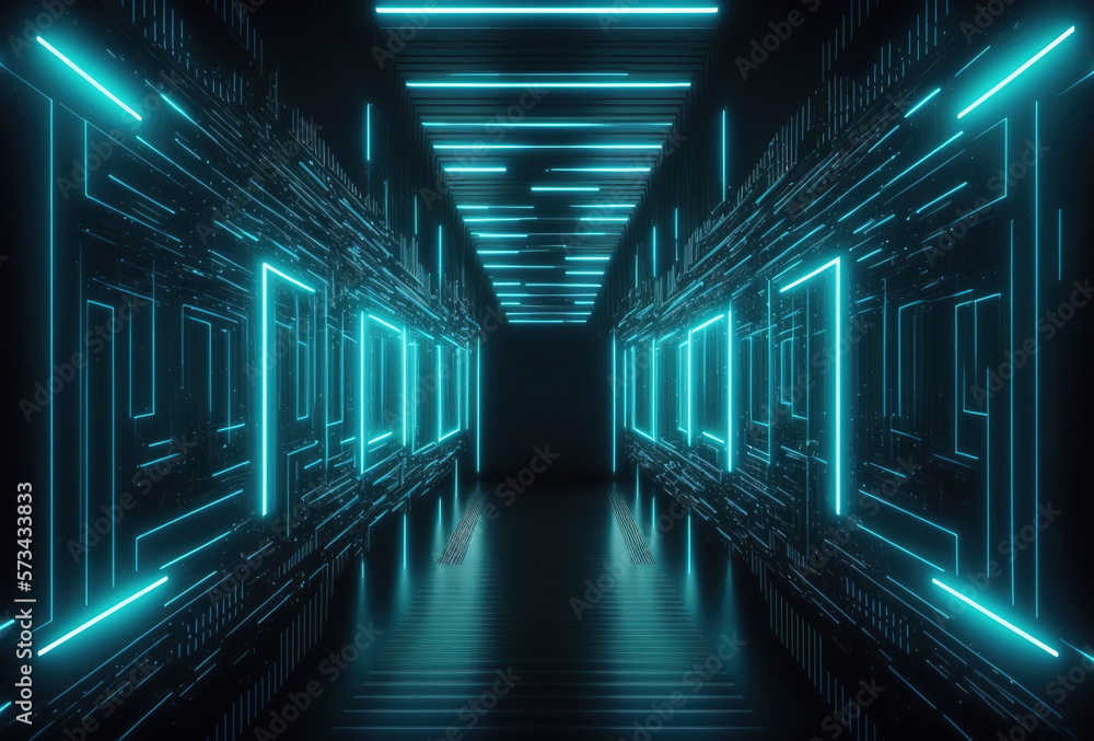 Poster a fantastic neon tunnel, the corridor of a spaceship. immersion in virtual reality, artificial intel