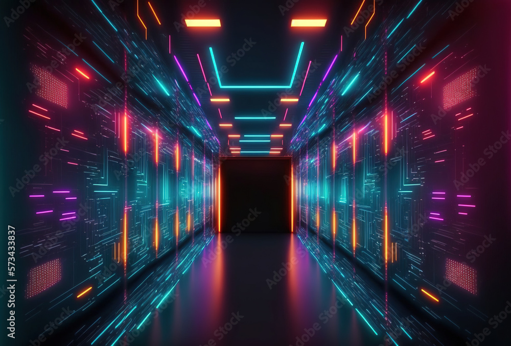 Poster a fantastic neon tunnel, the corridor of a spaceship. immersion in virtual reality, artificial intel
