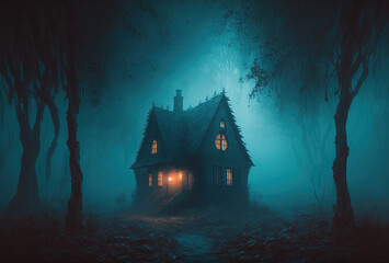 Fototapeta na wymiar Dwelling of a witch, a sorcerer. Scary old haunted house in the woods. Mystical creepy night fog. 3D rendering. AI generated.