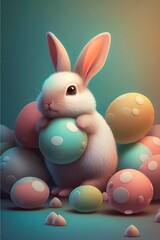 Fototapeta premium Cute little easter bunny with colored eggs. Cartoon illustration in pastel colors for Easter holiday.
