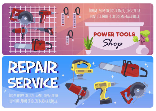 Set of website banner templates about power tools shop and repair service flat style