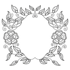 Flower and leaf wreath hand drawn for adult coloring book