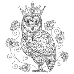 Owl and crown hand drawn for adult coloring book