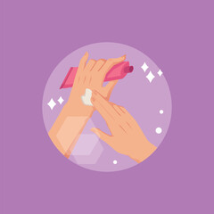 Person applying cream on hands, round icon flat vector illustration isolated on purple background.