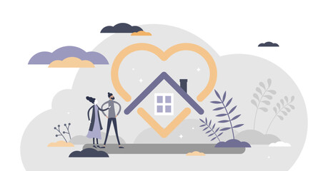 Home love as protected or safe house and cosy feeling tiny person concept, transparent background. Real estate with emotional attraction or nostalgic residence illustration. - obrazy, fototapety, plakaty