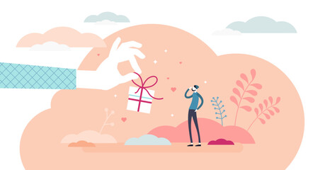 Gift concept,flat tiny person illustration, transparent background.Stylized abstract scene with large hand giving gift and receiving man as customer or person in need.Charity donation.