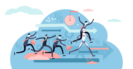 Business robot illustration, transparent background. Flat tiny technological advantage persons concept. Successful strategy with IT solution handicap against business competitors.