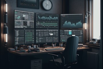 Room with many screens as a trading setup with charts on the screens. Generative AI.	