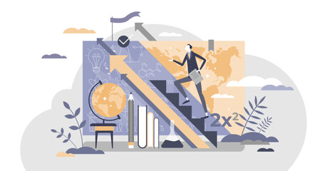 Teacher upskilling as male skill qualification progress and development tiny person concept, transparent background. Education and knowledge growth.