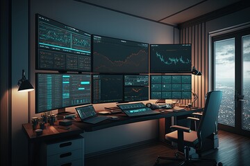 Room with many screens as a trading setup with charts on the screens. Generative AI.	