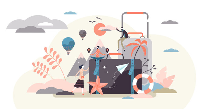 Vacation concept, flat tiny person illustration, transparent background. Happy leisure time trip planning. Abstract outdoor scene with tourists, luggage and marine elements.