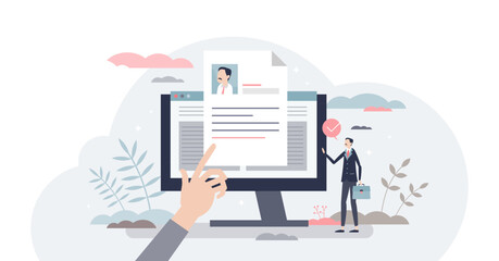 Job description and work duties and tasks information tiny person concept, transparent background. Document with responsibility and position specification for new staff member illustration.
