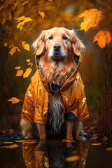 A dog with a raincoat on an autumn day. Generative AI.